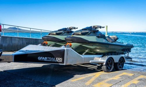 GFAB Alloy Double Sportski Trailer with Sea Doo GTX Jet Skis at Takapuna Boat Ramp